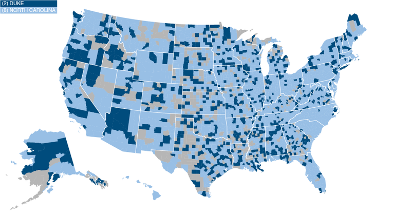 Illustration for article titled Facebook Data Give Us The Best Fandom Map of the NCAA Tournament
